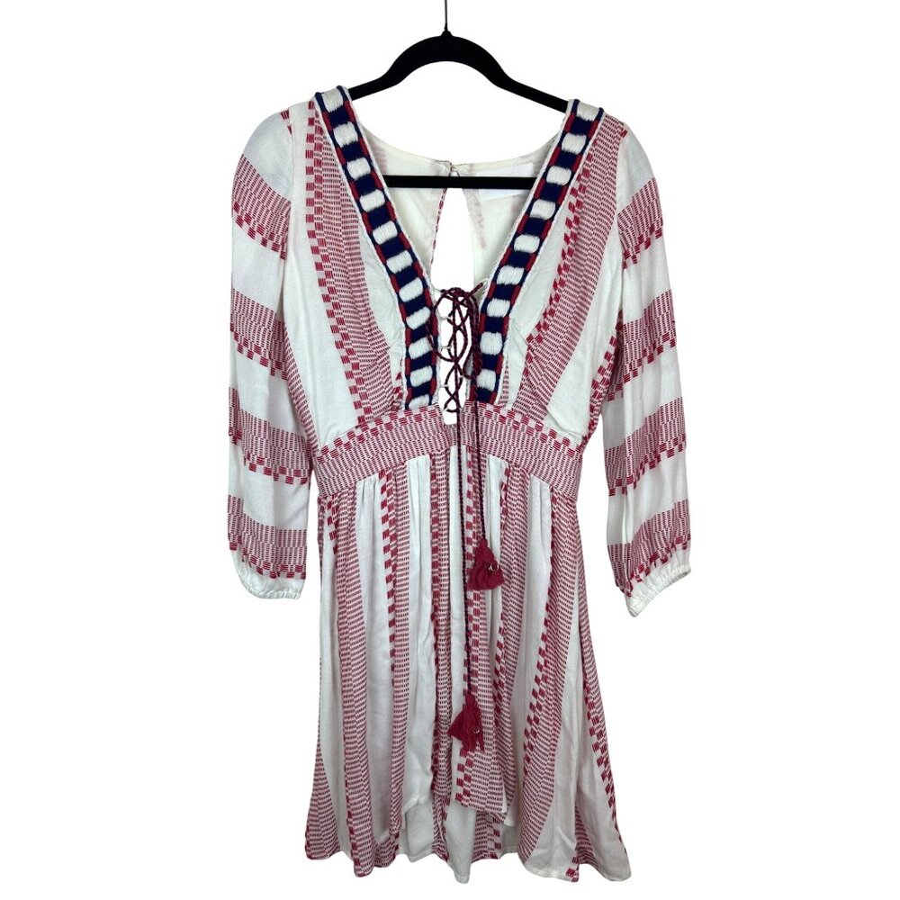 Anthropologie Piper Peasant Dress Size S Tassels Lace-Up V-Neck Embroidered